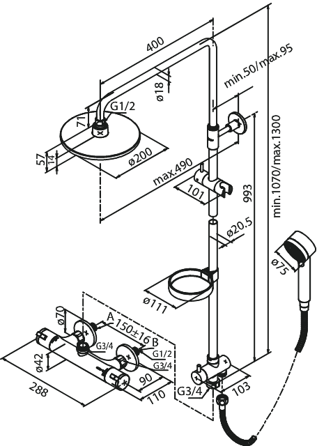 Damixa Silhouet Flex-suihkusetti+suihkutermostaatti, kiiltävä messinki