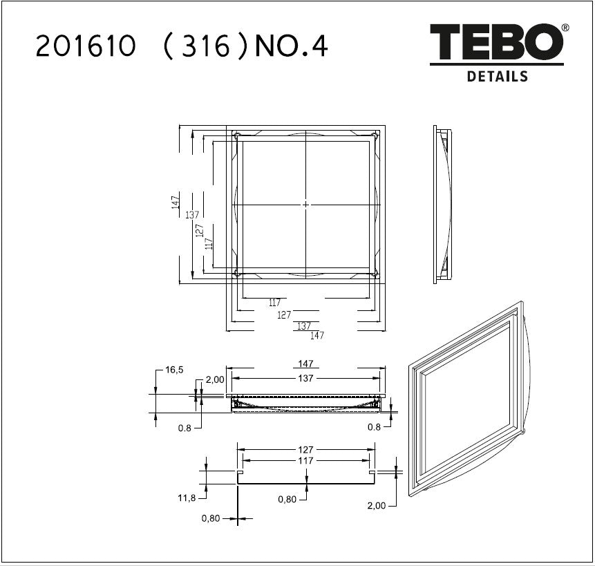 Tebo Tile insert laatoitettava lattiakaivon kansi harjattu teräs/musta 15x15cm