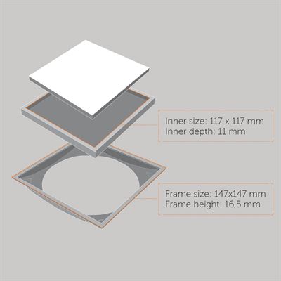 Tebo Tile insert laatoitettava lattiakaivon kansi harjattu teräs/musta 15x15cm